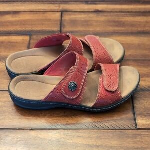 Clarks Red Slide Sandals with Button Detail
